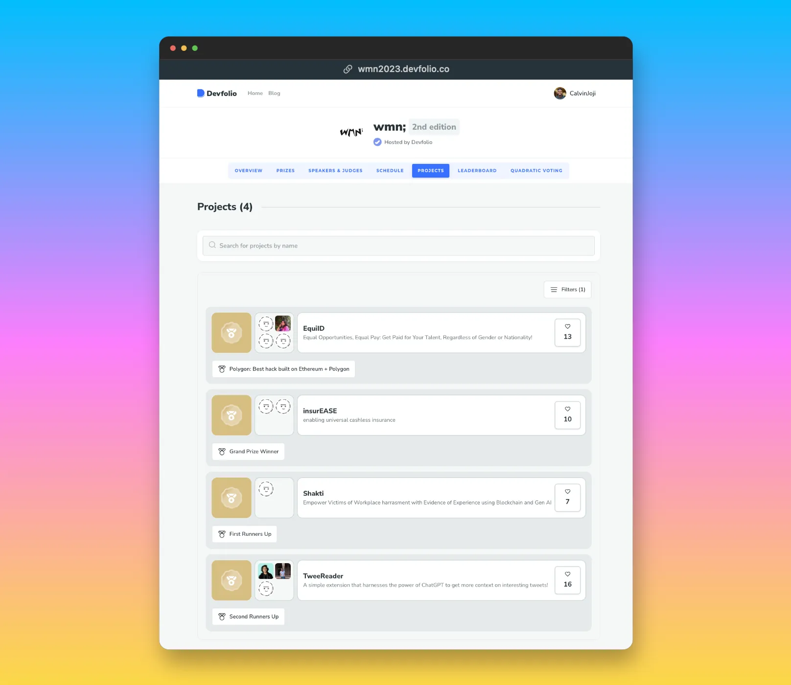 Winners listed in project tab
